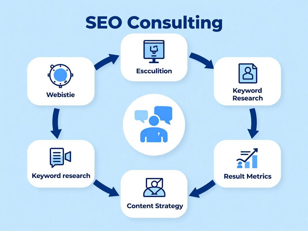 Diagrama conceptual de consultoría SEO mostrando conexiones entre análisis, estrategia y resultados