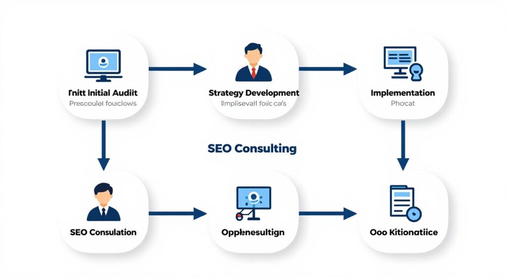 Diagrama de flujo del proceso de consultoría SEO mostrando fases y entregables