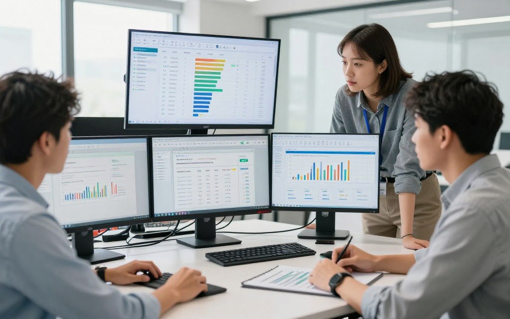 Equipo de consultores SEO trabajando en estrategia digital con múltiples pantallas