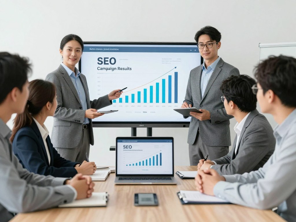 Equipo profesional presentando resultados de campaña SEO exitosa