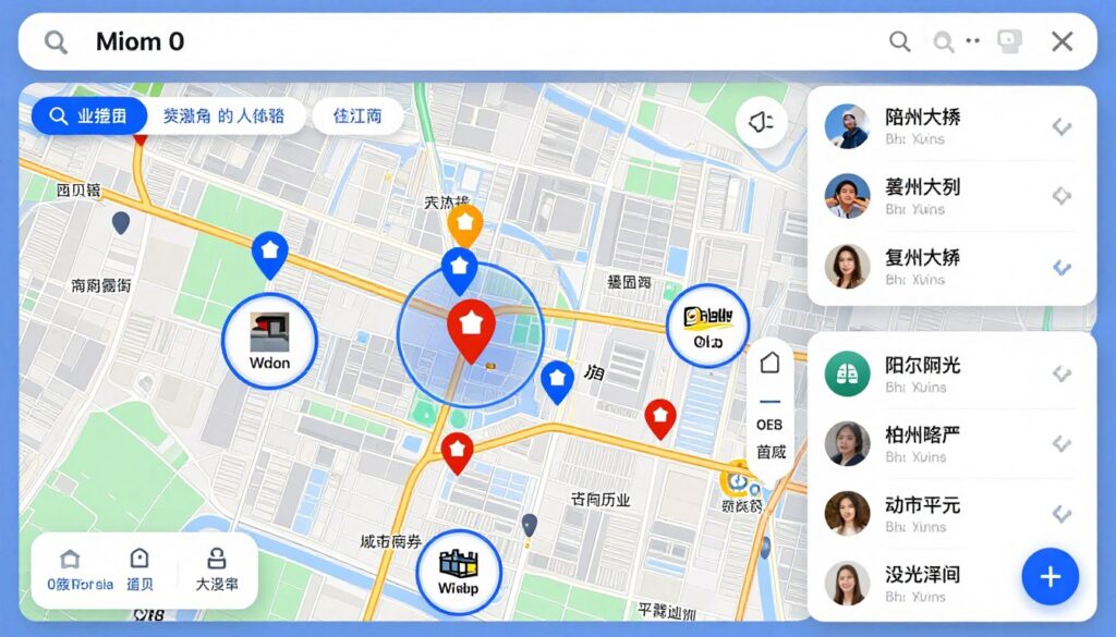 Mapa digital mostrando ubicaciones de negocios locales con marcadores y área de cobertura