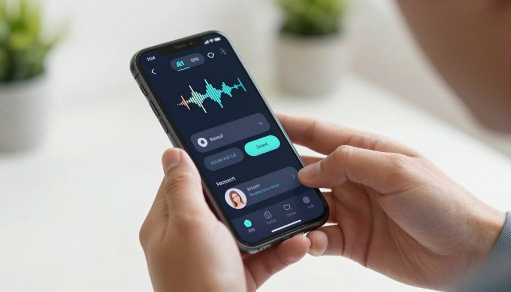 Persona usando búsqueda por voz en smartphone con asistente virtual activado