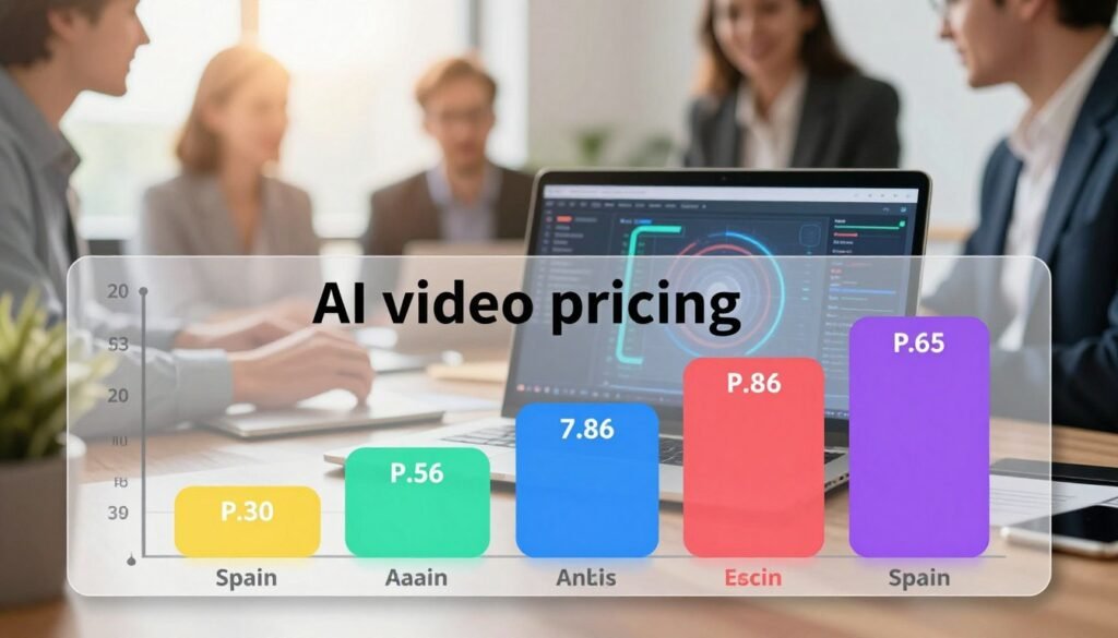 A detailed infographic-style image reflecting the concept of "AI video pricing" in Spain. In the foreground, display a stylized digital chart or graph showcasing different price tiers for AI video services, with icons representing various options like editing, analysis, and additional features in vibrant colors. The middle layer can feature a professional-looking workspace, with a laptop and AI software interface visible, emphasizing a tech-savvy atmosphere. In the background, incorporate a blurred office setting with people in professional attire engaging in discussion, enhancing the theme of collaboration and business. The lighting should be bright and inviting, creating a modern and optimistic mood, with a slight lens flare for a dynamic touch. The overall image should evoke a sense of professionalism and innovation in the digital video landscape.