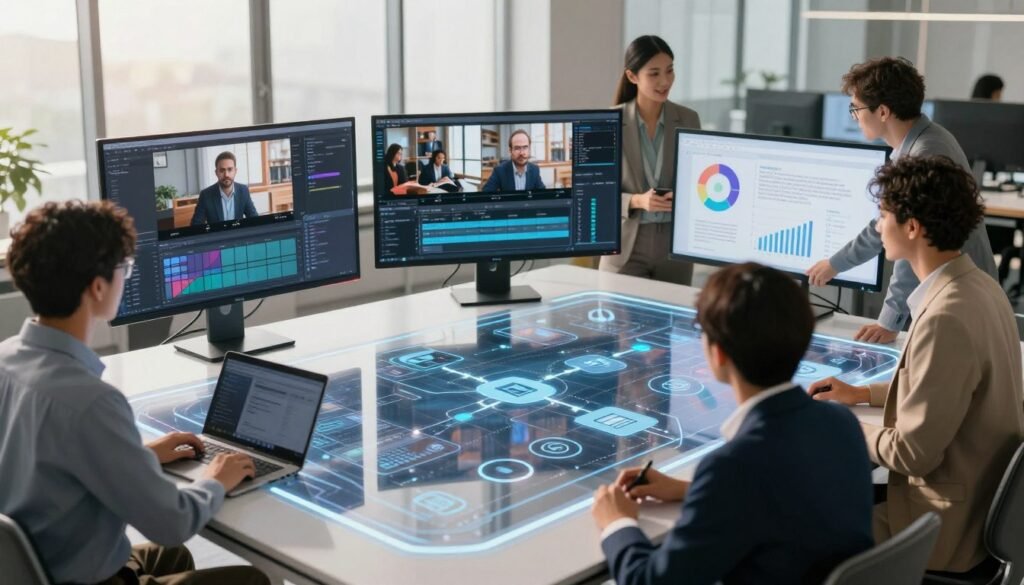 A dynamic and intricate workflow scene featuring artificial intelligence tools in action, showcasing various digital elements like charts, graphs, and icons symbolizing different aspects of video, image, and text creation. In the foreground, a diverse group of professionals, wearing smart business attire, collaborates around a futuristic, transparent touchscreen interface that displays the flow of information and tools being integrated. The middle ground displays digital screens showing AI tools in use—one for video editing, another for image generation, and a text analysis tool. The background features a sleek, modern office environment with large windows and soft natural light filtering in, creating a bright and innovative atmosphere. Use a slightly elevated viewpoint to capture the collaboration, and employ a warm color palette to evoke creativity and teamwork.