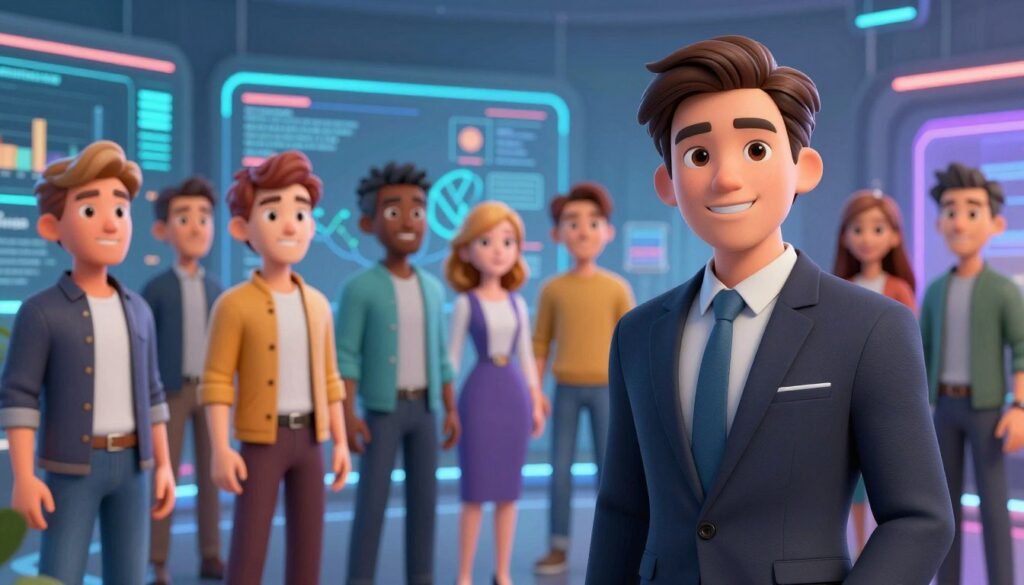 A futuristic digital landscape showcasing various AI avatars representing different brands. In the foreground, a confident professional avatar in business attire interacts directly with the viewer, displaying a friendly expression. The middle ground features a diverse group of avatars, each styled to reflect unique brand identities through colors and accessories, while maintaining a polished appearance. In the background, a sleek digital interface with colorful data visualizations and marketing elements subtly hints at technological prowess. The atmosphere is vibrant and innovative, illuminated by soft, dynamic lighting that suggests a blend of creativity and professionalism. The perspective should convey depth, with a slight upward angle to evoke a sense of aspiration and forward-thinking.
