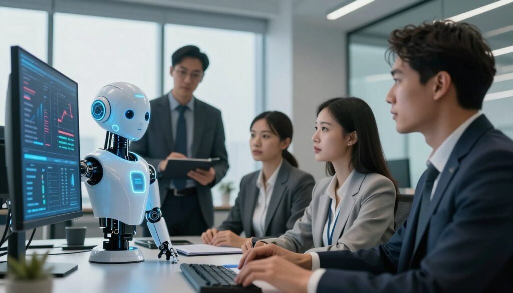A futuristic office setting where an AI avatar is interacting with a diverse group of professionals, analyzing data on a digital screen. Foreground: a sleek, humanoid avatar with an engaging expression, representing advanced AI technology. Middle ground: business professionals in professional attires, such as suits and blouses, observing the avatar with curiosity and intrigue. Background: a modern workspace with high-tech monitors displaying performance metrics and analytics related to avatar effectiveness. Soft, natural lighting enhances the atmosphere, creating a sense of collaboration and innovation. Use a slightly angled perspective to emphasize the interaction between the avatar and the people, evoking a mood of modernity and forward-thinking approach to branding strategies.