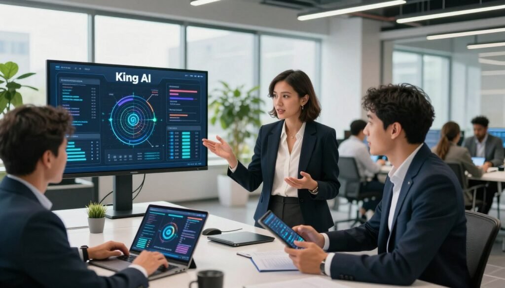 A futuristic, sleek workspace featuring a diverse group of professionals collaborating on optimizing AI credits. In the foreground, a confident woman in smart business attire is enthusiastically discussing ideas with a focused man, both using modern tablets displaying visual data analytics. The middle ground features a large screen showing complex algorithms related to Kling AI, with graphs and charts. In the background, a bright, open office filled with greenery and advanced technology, bathed in natural light streaming through large windows. The overall mood is energetic and innovative, representing teamwork and progress in leveraging AI technology. Use a wide-angle lens to capture the collaborative atmosphere, ensuring clarity and sharpness throughout.