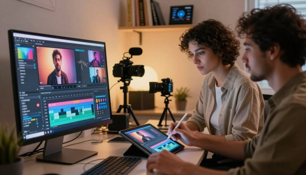 A futuristic workspace depicting the process of enhancing videos using artificial intelligence. In the foreground, a computer screen displays a colorful video editing software interface, showcasing elements like timelines and video clips being adjusted with filters and effects. In the middle, a professional wearing smart casual attire is focused on their work, using a stylus to refine video content on a tablet. Surrounding the workspace are various tech gadgets, including a high-resolution camera and a microphone, suggesting a creative environment. Soft, ambient lighting illuminates the space, casting a warm glow, while the background reveals shelves with books on video production and AI technology. The overall mood is inspiring and innovative, emphasizing creativity and technological advancement in video creation.