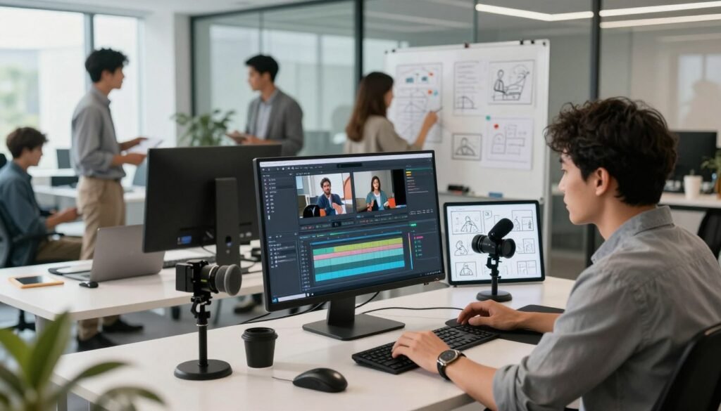 A modern and sophisticated workspace illustrating an audiovisual workflow for creating business videos using AI. In the foreground, a sleek computer setup displays editing software with video clips and AI tools open. A professional in smart casual attire analyzes the screen, engaging with the technology. In the middle, various tools like a microphone, camera, and storyboard visuals surround the workspace, emphasizing the creative process. The background shows a glass wall with team members collaborating on a whiteboard filled with ideas and diagrams, conveying teamwork and innovation. Soft, natural lighting streams through the space, creating an inspiring atmosphere, all captured from a slightly elevated angle to highlight the dynamic flow of the audiovisual production environment. A modern and sophisticated workspace illustrating an audiovisual workflow for creating business videos using AI. In the foreground, a sleek computer setup displays editing software with video clips and AI tools open. A professional in smart casual attire analyzes the screen, engaging with the technology. In the middle, various tools like a microphone, camera, and storyboard visuals surround the workspace, emphasizing the creative process. The background shows a glass wall with team members collaborating on a whiteboard filled with ideas and diagrams, conveying teamwork and innovation. Soft, natural lighting streams through the space, creating an inspiring atmosphere, all captured from a slightly elevated angle to highlight the dynamic flow of the audiovisual production environment.