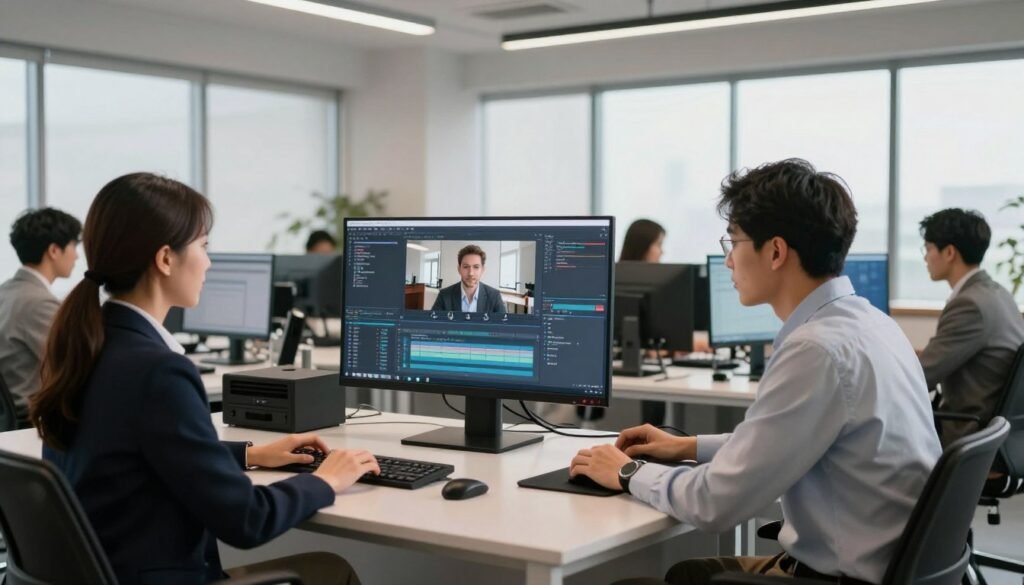 A modern corporate training room filled with diverse professionals engaged in a video creation session using AI technology. Foreground shows a group of three individuals: a woman in a sleek blazer, a man in a smart casual shirt, and a young professional in business attire, collaborating over a large interactive screen displaying video editing software. Middle ground features state-of-the-art equipment and high-tech monitors, while the background includes large windows allowing natural light to flood the space, enhancing the productive atmosphere. Soft, warm lighting gives a welcoming feel. The overall mood is focused and innovative, symbolizing the integration of AI into corporate training and business presentations. A modern corporate training room filled with diverse professionals engaged in a video creation session using AI technology. Foreground shows a group of three individuals: a woman in a sleek blazer, a man in a smart casual shirt, and a young professional in business attire, collaborating over a large interactive screen displaying video editing software. Middle ground features state-of-the-art equipment and high-tech monitors, while the background includes large windows allowing natural light to flood the space, enhancing the productive atmosphere. Soft, warm lighting gives a welcoming feel. The overall mood is focused and innovative, symbolizing the integration of AI into corporate training and business presentations.
