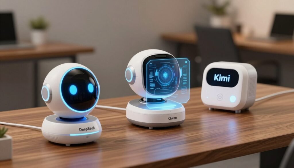 A modern, minimalist workspace featuring three distinct chatbots represented as sleek, futuristic devices on a polished wooden desk. In the foreground, a friendly-looking Chinese chatbot named DeepSeek, designed with a smooth, rounded screen and vibrant LED lights. In the middle ground, a robotic assistant named Qwen, showcasing a holographic display and advanced AI visuals. Further back, a compact device called Kimi, designed with minimalist lines and a soft, glowing interface. The background is softly blurred to emphasize the devices, with subtle lighting creating a warm and inviting atmosphere. The scene conveys innovation and accessibility, perfect for everyday use, with a focus on the practicality and convenience of these chatbots in daily life. A modern, minimalist workspace featuring three distinct chatbots represented as sleek, futuristic devices on a polished wooden desk. In the foreground, a friendly-looking Chinese chatbot named DeepSeek, designed with a smooth, rounded screen and vibrant LED lights. In the middle ground, a robotic assistant named Qwen, showcasing a holographic display and advanced AI visuals. Further back, a compact device called Kimi, designed with minimalist lines and a soft, glowing interface. The background is softly blurred to emphasize the devices, with subtle lighting creating a warm and inviting atmosphere. The scene conveys innovation and accessibility, perfect for everyday use, with a focus on the practicality and convenience of these chatbots in daily life.