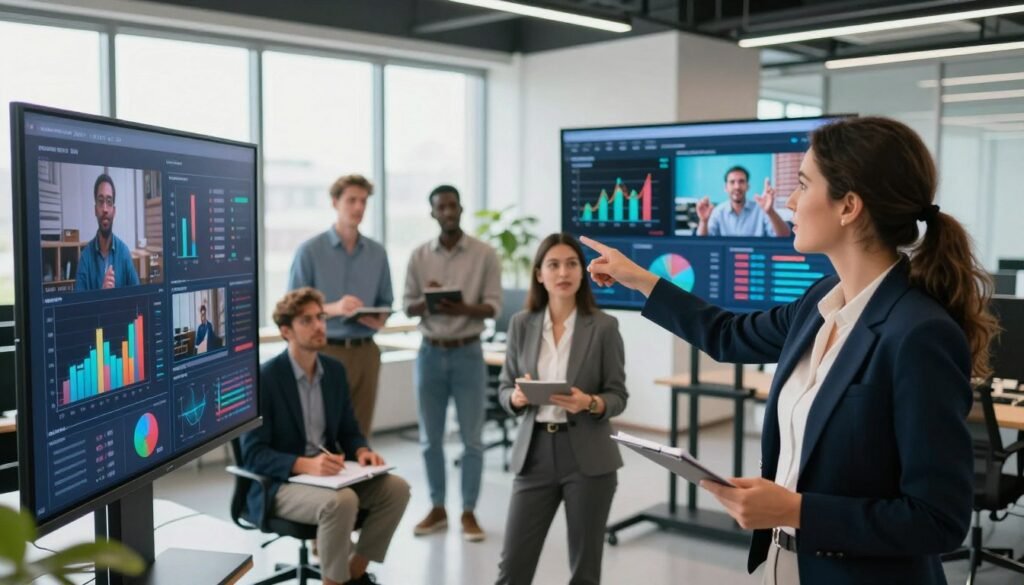 A modern office environment featuring a diverse group of professionals gathered around a large screen displaying vivid graphs and analytics showcasing the results of AI-generated videos. In the foreground, a confident woman in a business suit points at the screen, encouraging discussion. The middle layer includes attentive colleagues, both men and women in smart casual clothing, engaged in conversation and taking notes. The background shows large windows with natural light flooding the room, creating an optimistic and energetic atmosphere. The lens captures the scene from a slightly elevated angle, emphasizing collaboration and innovation. The overall mood is focused and inspiring, reflecting the transformative impact of AI on video strategies for businesses. A modern office environment featuring a diverse group of professionals gathered around a large screen displaying vivid graphs and analytics showcasing the results of AI-generated videos. In the foreground, a confident woman in a business suit points at the screen, encouraging discussion. The middle layer includes attentive colleagues, both men and women in smart casual clothing, engaged in conversation and taking notes. The background shows large windows with natural light flooding the room, creating an optimistic and energetic atmosphere. The lens captures the scene from a slightly elevated angle, emphasizing collaboration and innovation. The overall mood is focused and inspiring, reflecting the transformative impact of AI on video strategies for businesses.