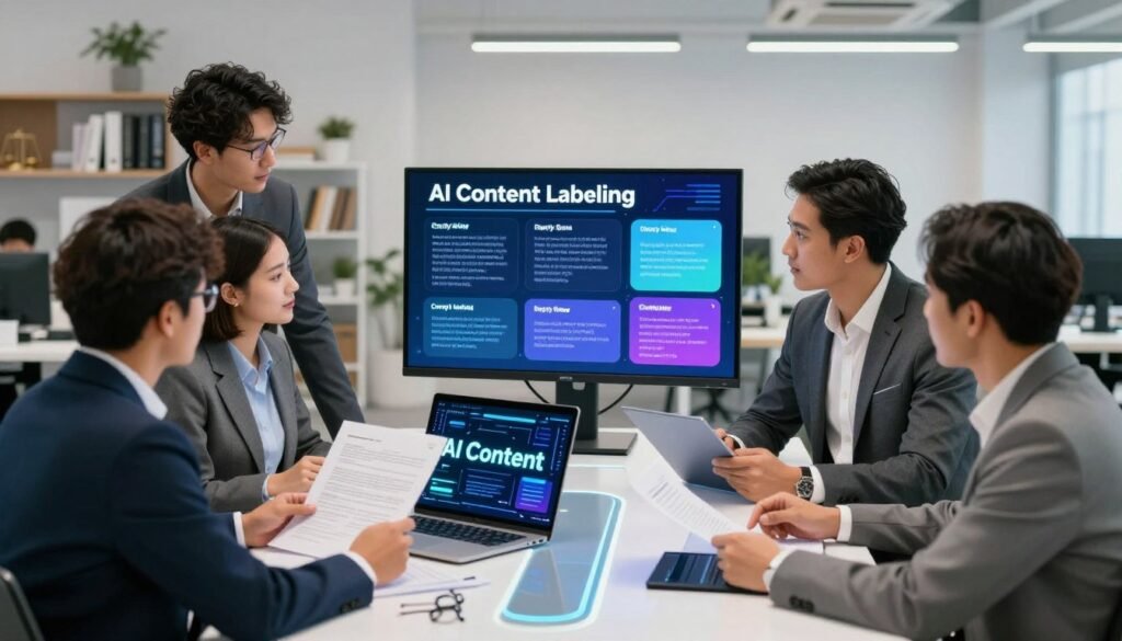 A modern office environment focusing on the concept of "AI Content Labeling." In the foreground, a diverse group of professionals in business attire discusses around a sleek, futuristic table, examining documents and digital screens displaying the phrase "AI Content" in bold letters. In the middle, a large monitor shows a vibrant infographic that outlines copyright and labeling guidelines, emphasizing clarity and legality. The background features shelves with books on digital marketing and law, and decorative plants for a fresh look. Soft, bright fluorescent lighting illuminates the scene, creating a clean, productive atmosphere. The angle is slightly elevated, capturing both the professionals and the tech in a dynamic composition.