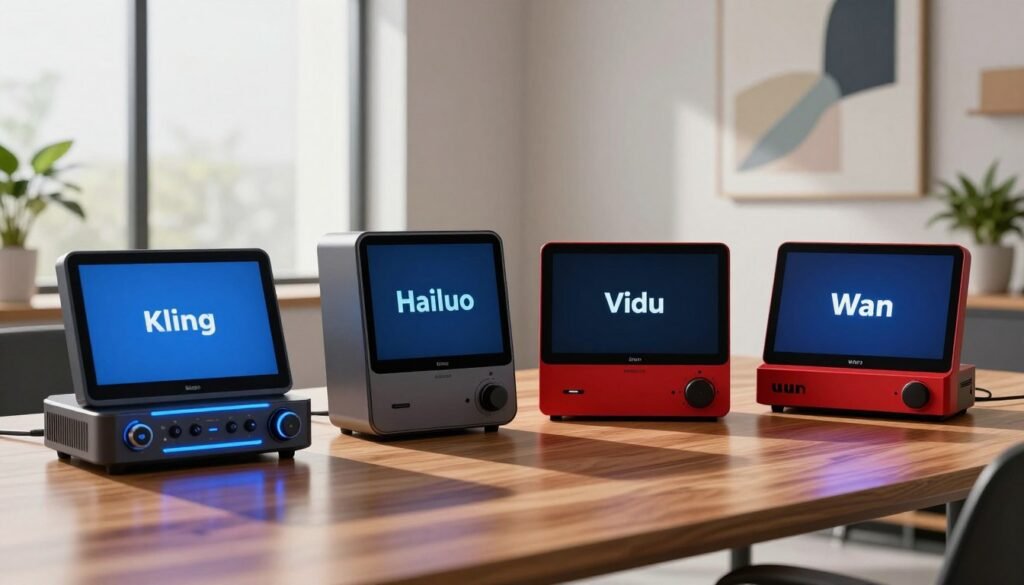 A modern office setting showcases four sleek video generators side by side on a polished wooden table, each device displaying its unique output on high-resolution screens. In the foreground, the Kling generator has a futuristic design with glowing blue accents, while the Hailuo stands out with a minimalist, rounded style. The Vidu features a vibrant red casing, and the Wan is angular and bold, all emphasizing their aesthetic differences. Soft, diffused natural light filters through large windows, casting gentle shadows on the table, creating a pleasant, professional atmosphere. The background includes abstract art on the walls and potted plants, enhancing the modern vibe. The overall mood is one of innovation and comparison, focusing clearly on the devices and their outputs, with no humans present. A modern office setting showcases four sleek video generators side by side on a polished wooden table, each device displaying its unique output on high-resolution screens. In the foreground, the Kling generator has a futuristic design with glowing blue accents, while the Hailuo stands out with a minimalist, rounded style. The Vidu features a vibrant red casing, and the Wan is angular and bold, all emphasizing their aesthetic differences. Soft, diffused natural light filters through large windows, casting gentle shadows on the table, creating a pleasant, professional atmosphere. The background includes abstract art on the walls and potted plants, enhancing the modern vibe. The overall mood is one of innovation and comparison, focusing clearly on the devices and their outputs, with no humans present.