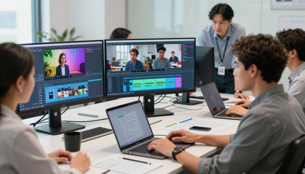 A modern office setting showcasing video production with AI technology. In the foreground, a diverse team of professionals – a woman in business attire works on a laptop, while a man, dressed in smart casual clothing, reviews footage on a large monitor. In the middle, an impressive array of monitors displays colorful graphics and video editing software, highlighting the process of AI-driven video creation. The background features a conference table with digital devices and documentation related to different service levels: tools, freelance work, and agency services. The lighting is bright and natural, giving a collaborative and innovative atmosphere. The shot is taken with a slight depth of field, emphasizing the team’s work while softly blurring the background elements, creating a focused yet dynamic environment.