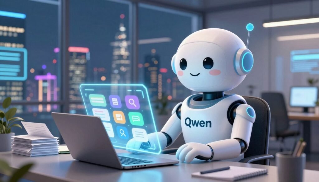 A modern, sleek chatbot representation named "Qwen," designed with a friendly, inviting face, sits at a futuristic digital workspace. In the foreground, Qwen has a glowing interface, showcasing colorful icons for writing, researching, and document management tools. The middle ground features a laptop and a stack of digital documents, symbolizing productivity and versatility. In the background, a vibrant cityscape is visible through a large glass window, highlighting a bustling tech environment. Soft, ambient lighting enhances the sophisticated atmosphere, while a wide-angle view captures the harmonious blend of technology and creativity. The mood is optimistic and professional, promoting a sense of innovation and collaboration. A modern, sleek chatbot representation named "Qwen," designed with a friendly, inviting face, sits at a futuristic digital workspace. In the foreground, Qwen has a glowing interface, showcasing colorful icons for writing, researching, and document management tools. The middle ground features a laptop and a stack of digital documents, symbolizing productivity and versatility. In the background, a vibrant cityscape is visible through a large glass window, highlighting a bustling tech environment. Soft, ambient lighting enhances the sophisticated atmosphere, while a wide-angle view captures the harmonious blend of technology and creativity. The mood is optimistic and professional, promoting a sense of innovation and collaboration.