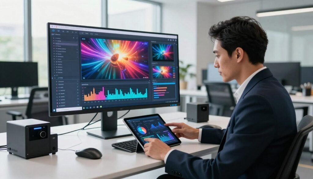 A modern, sleek office environment showcasing the concept of cost-effective AI video production. In the foreground, a confident business professional in smart attire examines detailed charts and graphs on a digital tablet, surrounded by high-tech tools and visual data representations. The middle ground features a large computer screen displaying an AI interface with vibrant, dynamic video segments being generated in real-time. In the background, soft natural light streams through large windows, illuminating a minimalist workspace filled with futuristic equipment. The overall mood is one of innovation and efficiency, highlighting the advantages of AI in video creation. Capture this scene with a wide-angle lens to provide depth and clarity, creating a vibrant yet professional atmosphere.