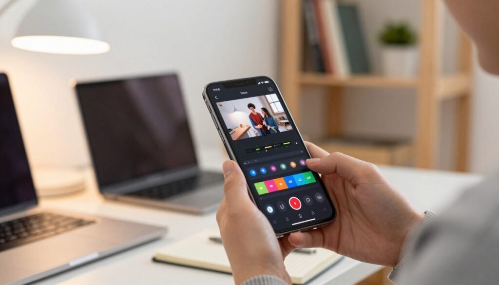 A modern smartphone displaying an editing app interface, prominently showing video clips being trimmed and arranged dynamically, with vibrant icons for effects and transitions. In the foreground, a person in smart casual attire is focused on the phone, their hands deftly manipulating the screen, emphasizing creativity and engagement. The middle ground features a cozy workspace adorned with tech gadgets, notebooks, and a soft-lit desk lamp. In the background, a stylish bookshelf with creative books and minimalistic decor sets a warm ambiance. The lighting is bright but soft, creating an inviting atmosphere, while a shallow depth of field emphasizes the smartphone and editing process, conveying a professional yet approachable vibe. A modern smartphone displaying an editing app interface, prominently showing video clips being trimmed and arranged dynamically, with vibrant icons for effects and transitions. In the foreground, a person in smart casual attire is focused on the phone, their hands deftly manipulating the screen, emphasizing creativity and engagement. The middle ground features a cozy workspace adorned with tech gadgets, notebooks, and a soft-lit desk lamp. In the background, a stylish bookshelf with creative books and minimalistic decor sets a warm ambiance. The lighting is bright but soft, creating an inviting atmosphere, while a shallow depth of field emphasizes the smartphone and editing process, conveying a professional yet approachable vibe.