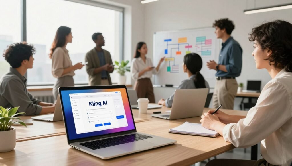 A modern workspace illustrating the concept of "Kling AI." In the foreground, a sleek laptop displays the Kling AI interface with vibrant colors and user-friendly design elements. A diverse group of professionals, dressed in smart casual attire, are engaged in conversation, showcasing enthusiasm and collaboration. In the middle ground, a whiteboard filled with colorful diagrams and workflows related to AI project planning. The background features large windows allowing natural light to illuminate the room, creating a warm and inviting atmosphere. Soft shadows add depth, and a potted plant in the corner adds a touch of greenery. Capture the energy of technology and teamwork in a professional yet approachable setting, embracing the excitement of using AI tools.