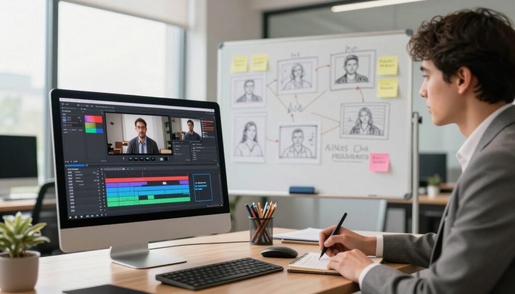 A modern workspace showcasing the process of creating videos with AI technology. In the foreground, a computer screen displays a video editing software interface, with colorful timelines and visual effects. To the side, a professional person, dressed in business attire, is brainstorming ideas, jotting down notes on a notepad. In the middle ground, a whiteboard is filled with sketches illustrating various video concepts, connected to sticky notes representing target audiences. The background features a well-lit office with large windows letting in natural light, creating an inspiring atmosphere. Soft shadows and a warm color palette evoke a sense of creativity and professionalism, emphasizing the step-by-step planning of video creation with AI. The overall mood should be engaging and innovative. A modern workspace showcasing the process of creating videos with AI technology. In the foreground, a computer screen displays a video editing software interface, with colorful timelines and visual effects. To the side, a professional person, dressed in business attire, is brainstorming ideas, jotting down notes on a notepad. In the middle ground, a whiteboard is filled with sketches illustrating various video concepts, connected to sticky notes representing target audiences. The background features a well-lit office with large windows letting in natural light, creating an inspiring atmosphere. Soft shadows and a warm color palette evoke a sense of creativity and professionalism, emphasizing the step-by-step planning of video creation with AI. The overall mood should be engaging and innovative.