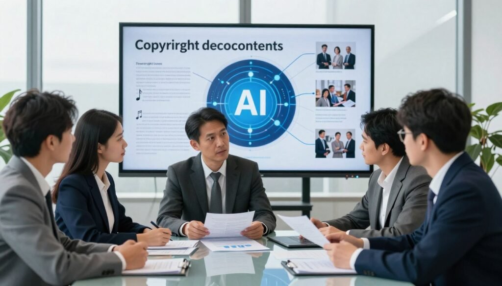 A professional business setting showcases a thoughtful discussion about copyright and legal risks in AI-generated content. In the foreground, a diverse group of professionals in business attire, including a man and a woman engaged in a serious conversation, are analyzing documents and charts on a sleek glass table. The middle ground features a large screen displaying a visual representation of copyright laws and AI technology, along with imagery of various media types like music notes, text snippets, and images interconnected by digital lines, symbolizing legal complexities. In the background, large windows let in natural light, contributing to a serious yet inviting atmosphere. The overall mood is focused and analytical, with a hint of tension surrounding the implications of using AI-generated content.