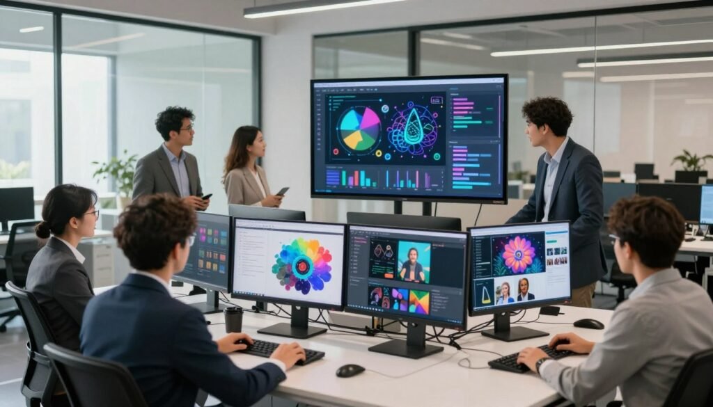 A professional, modern office environment showcasing a diverse team of business professionals engaged in generating high-quality results using artificial intelligence. In the foreground, a mixed-gender group dressed in business attire collaborates around a sleek, high-tech workstation filled with monitors displaying vibrant, AI-generated images and video thumbnails. In the middle, a large digital screen illustrates the interface of an AI tool, emphasizing elements of creativity and innovation. The background features a contemporary workspace with glass walls and natural light streaming in, contributing to a bright, inspiring atmosphere. The mood is focused and energetic, reflecting the synergy between human creativity and AI technology, captured from a wide-angle perspective for an immersive view. A professional, modern office environment showcasing a diverse team of business professionals engaged in generating high-quality results using artificial intelligence. In the foreground, a mixed-gender group dressed in business attire collaborates around a sleek, high-tech workstation filled with monitors displaying vibrant, AI-generated images and video thumbnails. In the middle, a large digital screen illustrates the interface of an AI tool, emphasizing elements of creativity and innovation. The background features a contemporary workspace with glass walls and natural light streaming in, contributing to a bright, inspiring atmosphere. The mood is focused and energetic, reflecting the synergy between human creativity and AI technology, captured from a wide-angle perspective for an immersive view.