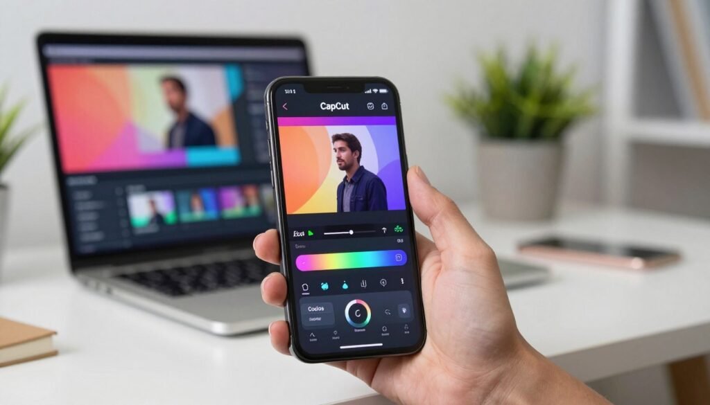 A professional setting featuring a modern smartphone displaying the CapCut video editing interface. In the foreground, focus on the phone with vibrant colors showcasing editing tools like color correction, speed adjustment sliders, and motion effects. Midground elements include a sleek desk with a laptop and colorful reference images hinting at professional video content. The background features soft-focus indoor lighting, creating a creative workspace atmosphere with potted plants and minimalistic decor. The scene should evoke a sense of productivity and inspiration, emphasizing the ease of mobile video editing. Use a shallow depth of field to highlight the phone while keeping other elements slightly blurred. A professional setting featuring a modern smartphone displaying the CapCut video editing interface. In the foreground, focus on the phone with vibrant colors showcasing editing tools like color correction, speed adjustment sliders, and motion effects. Midground elements include a sleek desk with a laptop and colorful reference images hinting at professional video content. The background features soft-focus indoor lighting, creating a creative workspace atmosphere with potted plants and minimalistic decor. The scene should evoke a sense of productivity and inspiration, emphasizing the ease of mobile video editing. Use a shallow depth of field to highlight the phone while keeping other elements slightly blurred.