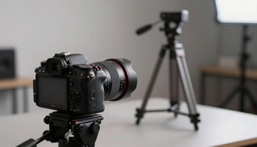 A professional videographer's setup showcasing a high-quality camera with an emphasis on its features, such as a sleek lens and adjustable settings. The camera should be placed prominently in the foreground, with intricate details like dials and buttons visible. In the middle ground, add a tripod with smooth, stable legs, positioned perfectly on a smooth table. The background features a softly blurred studio environment, lit with soft, diffused light to create a calming yet focused atmosphere. The overall mood should convey professionalism and creativity, inviting viewers to explore the nuances of camera technology in video production. No human figures are necessary, allowing the focus to remain entirely on the camera and its setup. A professional videographer's setup showcasing a high-quality camera with an emphasis on its features, such as a sleek lens and adjustable settings. The camera should be placed prominently in the foreground, with intricate details like dials and buttons visible. In the middle ground, add a tripod with smooth, stable legs, positioned perfectly on a smooth table. The background features a softly blurred studio environment, lit with soft, diffused light to create a calming yet focused atmosphere. The overall mood should convey professionalism and creativity, inviting viewers to explore the nuances of camera technology in video production. No human figures are necessary, allowing the focus to remain entirely on the camera and its setup.