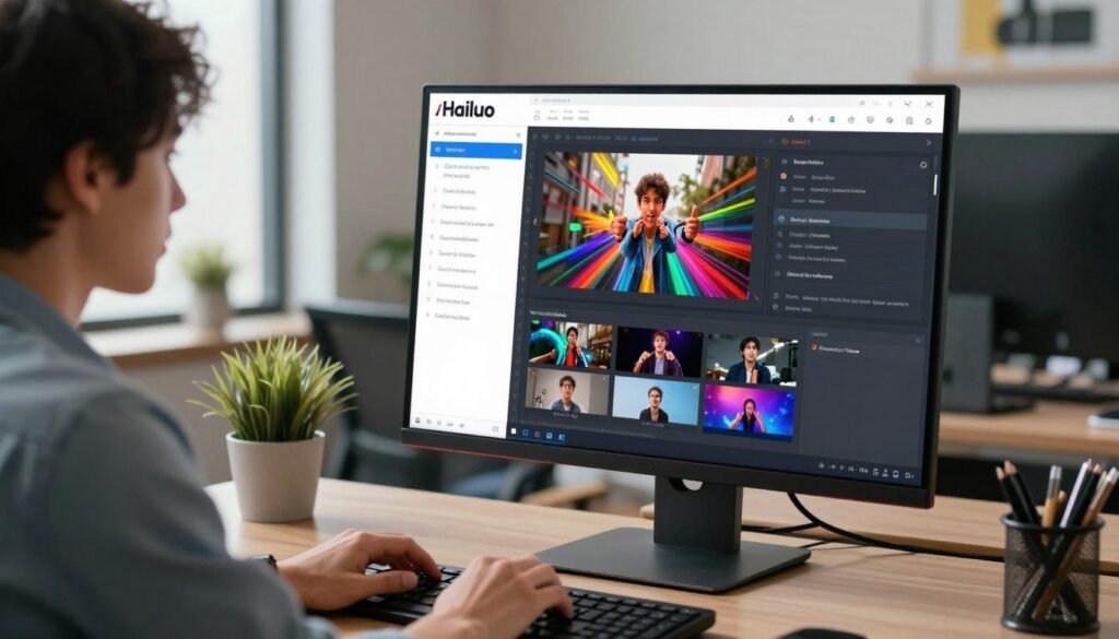 A professional workspace featuring a computer screen displaying the Hailuo AI interface, showcasing a text-to-video creation process. In the foreground, a focused individual in smart casual attire is typing on a keyboard, their expression reflecting concentration and creativity. In the middle, the screen shows snippets of text being turned into engaging video thumbnails and visuals, with vibrant colors and dynamic graphics, symbolizing creativity and innovation. The background features a modern office setting with soft lighting, subtle reflections from a nearby window, and motivational decor. The overall mood is one of inspiration and productivity, highlighting the seamless integration of technology and creativity in video production.