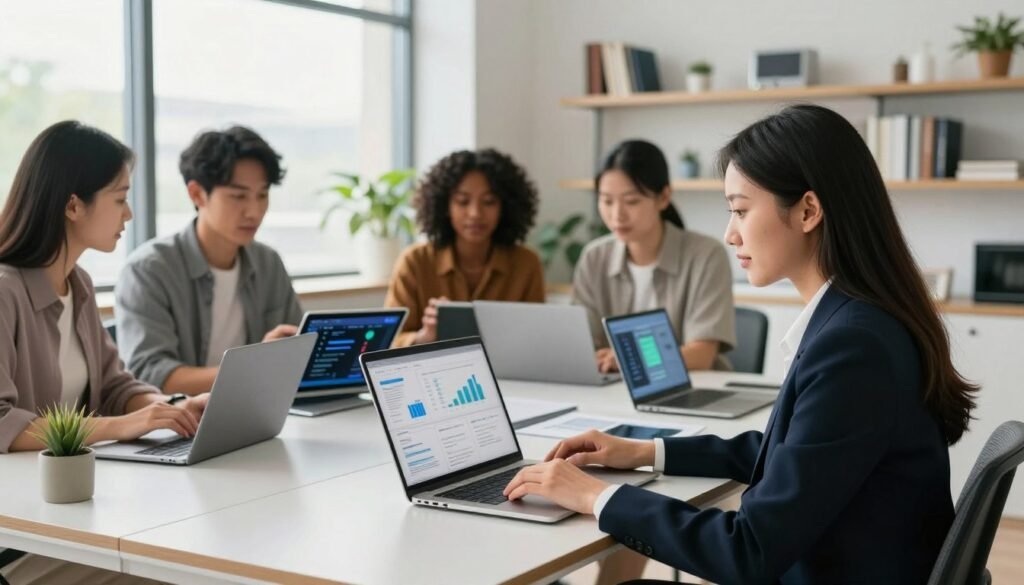 A professional workspace scene depicting the selection of AI tools, showcasing a diverse group of people. In the foreground, a focused woman in professional attire sits at a sleek desk, examining a laptop with charts and graphs displayed on the screen. In the middle background, a group of three colleagues—an Asian man and two women of different ethnicities—discuss various AI software options using tablets and laptops. The room is lit with bright, natural light from large windows, creating a vibrant and modern atmosphere. The background features shelves with tech books and decorative plants, emphasizing a tech-savvy environment. The overall mood is collaborative and innovative, inviting viewers to explore the selection process of Chinese AI tools.