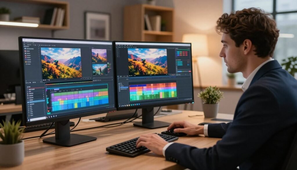 A sleek, modern workspace featuring a high-end computer setup focused on a video editing interface displaying AI-generated footage. In the foreground, a professional in smart business attire analyzes the screen, showcasing an engaged and focused expression. The middle of the image includes colorful visual representations of video quality comparisons, such as vivid frames showcasing stunning landscapes or dynamic action scenes. The background features soft, ambient lighting that creates a productive atmosphere, with bookshelves and contemporary decor enhancing the professional vibe. The scene captures a sense of innovation and expertise in video technology, with a warm color palette that evokes excitement and creativity. The angle is slightly elevated to capture the full workspace, highlighting the harmony between technology and human skill. A sleek, modern workspace featuring a high-end computer setup focused on a video editing interface displaying AI-generated footage. In the foreground, a professional in smart business attire analyzes the screen, showcasing an engaged and focused expression. The middle of the image includes colorful visual representations of video quality comparisons, such as vivid frames showcasing stunning landscapes or dynamic action scenes. The background features soft, ambient lighting that creates a productive atmosphere, with bookshelves and contemporary decor enhancing the professional vibe. The scene captures a sense of innovation and expertise in video technology, with a warm color palette that evokes excitement and creativity. The angle is slightly elevated to capture the full workspace, highlighting the harmony between technology and human skill.