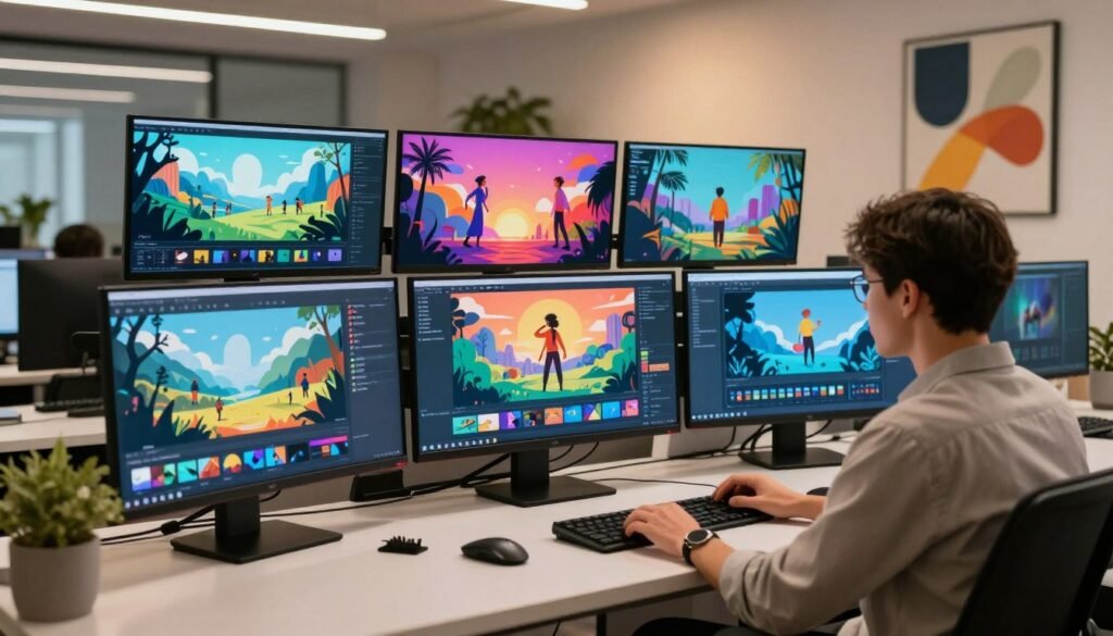 A sleek, modern workspace filled with vibrant digital screens showcasing animated video prompts. In the foreground, a professional person in smart casual clothing is focused on creating a dynamic video scene. The middle ground features diverse scenes projected on the screens with illustrations of various AI-generated video prompts, showcasing landscapes and characters in vivid colors. The background includes a stylish office setting with abstract art and plants, illuminated by soft, warm lighting that creates a productive atmosphere. The image conveys a sense of creativity and innovation, emphasizing the integration of artificial intelligence in video production. The camera angle captures the entire workspace, making it inviting and inspiring. A sleek, modern workspace filled with vibrant digital screens showcasing animated video prompts. In the foreground, a professional person in smart casual clothing is focused on creating a dynamic video scene. The middle ground features diverse scenes projected on the screens with illustrations of various AI-generated video prompts, showcasing landscapes and characters in vivid colors. The background includes a stylish office setting with abstract art and plants, illuminated by soft, warm lighting that creates a productive atmosphere. The image conveys a sense of creativity and innovation, emphasizing the integration of artificial intelligence in video production. The camera angle captures the entire workspace, making it inviting and inspiring.