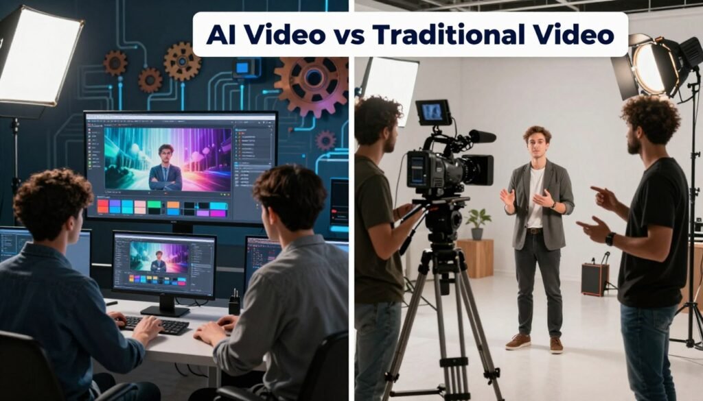 A split-screen image illustrating "AI Video vs Traditional Video." On the left, a high-tech setup for AI video production: a digital interface with advanced software displaying vibrant visualizations, bright LED lighting, and a user in professional attire focused on their computer. On the right, a classic video shoot scene: a film crew with a camera on a tripod, natural lighting, and a director giving instructions to actors, dressed in business casual. The background features gears and circuits for the AI side and studio lights and props for the traditional side. The mood contrasts innovation and creativity, showcasing the efficiency of AI versus the artistry and effort of traditional filming, all captured in a clear, engaging composition.