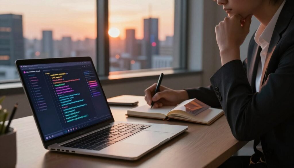 A surreal digital workspace, showcasing a creative environment designed for generating prompts. In the foreground, a sleek laptop with an open screen displaying lines of vivid, colorful prompts, illuminated by the soft glow of ambient light. In the middle ground, a person in professional business attire, focused and contemplative, jotting down ideas in a stylish notebook. The background features a window with a panoramic view of a futuristic city skyline, bathed in warm sunset hues, blending in with the imaginative atmosphere. Dappled lighting enhances the workspace, casting soft shadows and creating a serene yet inspiring mood. The image captures the essence of creativity and innovation in AI prompt generation, inviting viewers to explore the intersection of technology and imagination. A surreal digital workspace, showcasing a creative environment designed for generating prompts. In the foreground, a sleek laptop with an open screen displaying lines of vivid, colorful prompts, illuminated by the soft glow of ambient light. In the middle ground, a person in professional business attire, focused and contemplative, jotting down ideas in a stylish notebook. The background features a window with a panoramic view of a futuristic city skyline, bathed in warm sunset hues, blending in with the imaginative atmosphere. Dappled lighting enhances the workspace, casting soft shadows and creating a serene yet inspiring mood. The image captures the essence of creativity and innovation in AI prompt generation, inviting viewers to explore the intersection of technology and imagination.