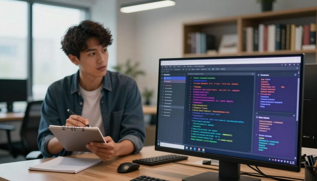 A visually engaging workspace showcasing the concept of "visual consistency in AI video prompts." In the foreground, a computer screen displays a vibrant interface filled with colorful, well-organized prompt examples. In the middle ground, a thoughtful professional in a smart casual outfit analyzes these prompts, with a notepad and pen in hand. The background features a modern office environment with soft ambient lighting, large windows allowing natural light to flow in, and a neatly organized bookshelf filled with reference materials on AI and video production. The atmosphere is serene yet focused, conveying creativity and professionalism, emphasizing the art of crafting effective prompts. The composition is captured with a slight depth of field, drawing attention to the screen while maintaining a sense of the environment. A visually engaging workspace showcasing the concept of "visual consistency in AI video prompts." In the foreground, a computer screen displays a vibrant interface filled with colorful, well-organized prompt examples. In the middle ground, a thoughtful professional in a smart casual outfit analyzes these prompts, with a notepad and pen in hand. The background features a modern office environment with soft ambient lighting, large windows allowing natural light to flow in, and a neatly organized bookshelf filled with reference materials on AI and video production. The atmosphere is serene yet focused, conveying creativity and professionalism, emphasizing the art of crafting effective prompts. The composition is captured with a slight depth of field, drawing attention to the screen while maintaining a sense of the environment.