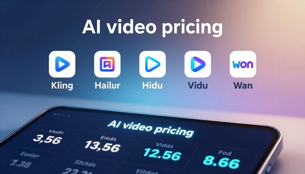 A visually striking illustration representing the concept of "AI video pricing". In the foreground, a sleek digital screen displays various price tags for video services from different platforms, highlighted in an appealing, modern font. In the middle ground, stylized icons symbolizing each service (Kling, Hailuo, Vidu, Wan) are arranged neatly with their respective logos, conveying a sense of competition and comparison. In the background, a gradient blend of cool colors creates a tech-savvy atmosphere, evoking innovation and advancement. Soft lighting illuminates the scene from above, casting gentle shadows to add depth. The overall mood is professional and informative, inviting viewers to explore the details of AI video pricing without distractions or clutter. A visually striking illustration representing the concept of "AI video pricing". In the foreground, a sleek digital screen displays various price tags for video services from different platforms, highlighted in an appealing, modern font. In the middle ground, stylized icons symbolizing each service (Kling, Hailuo, Vidu, Wan) are arranged neatly with their respective logos, conveying a sense of competition and comparison. In the background, a gradient blend of cool colors creates a tech-savvy atmosphere, evoking innovation and advancement. Soft lighting illuminates the scene from above, casting gentle shadows to add depth. The overall mood is professional and informative, inviting viewers to explore the details of AI video pricing without distractions or clutter.